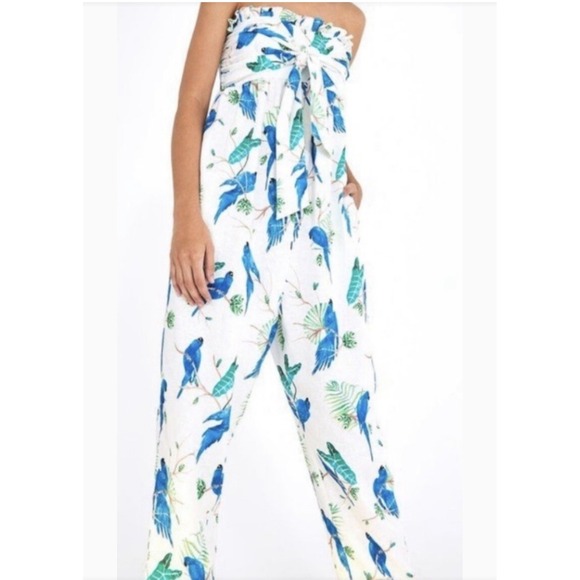 FARM Rio Pants - Tropical Farm Rio Womens S Strapless Jumpsuit White Blue Macaw Linen Blend Tie